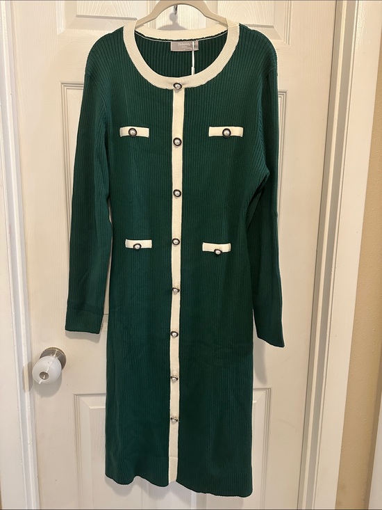 Hobemty Dresses & Skirts - Green Contrast-Trim Long Sleeve Sweater Dress